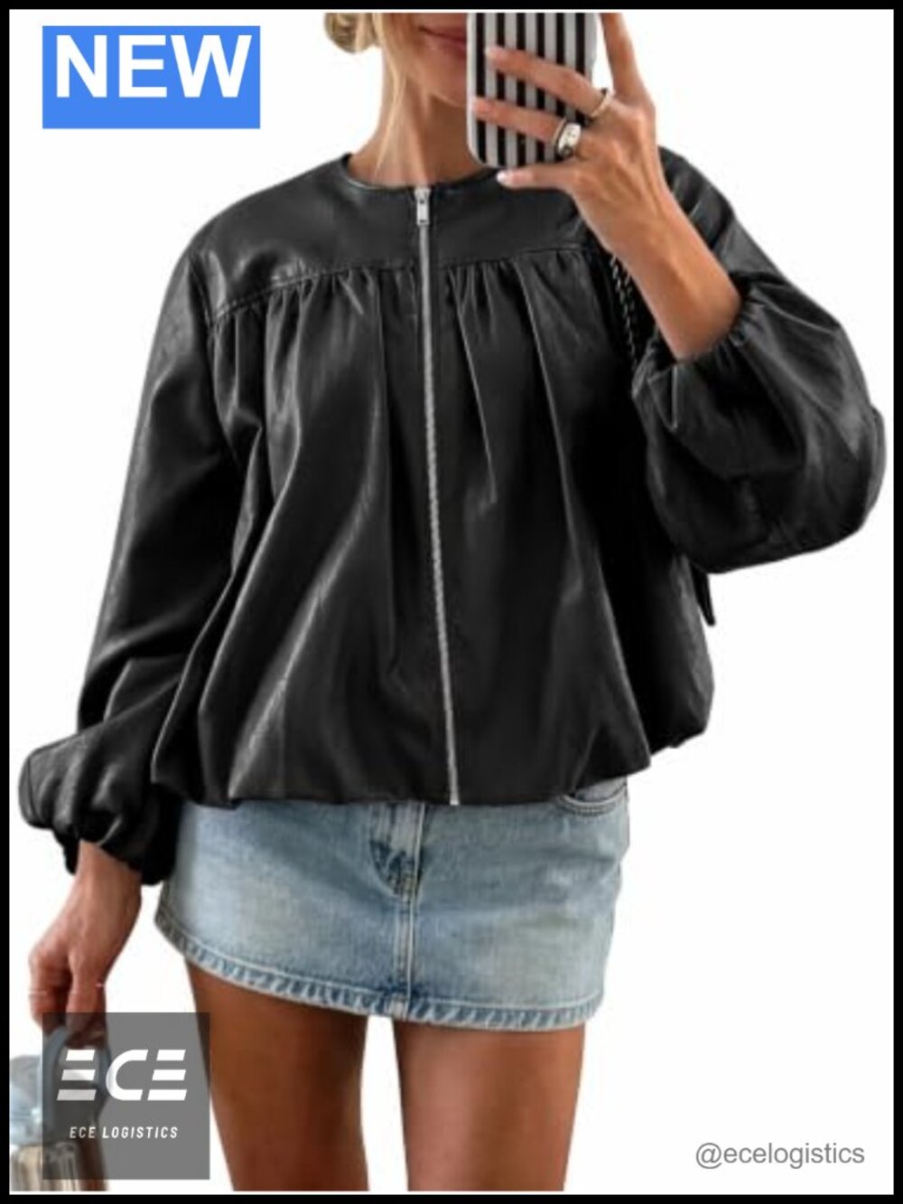 Faux Leather Zip Up Bomber Jacket Cropped Coat Puff Sleeve